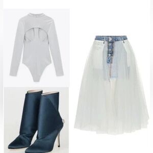 Zara Light Blue/ Gray Long Sleeve Cut Out Back Bodysuit XS new!